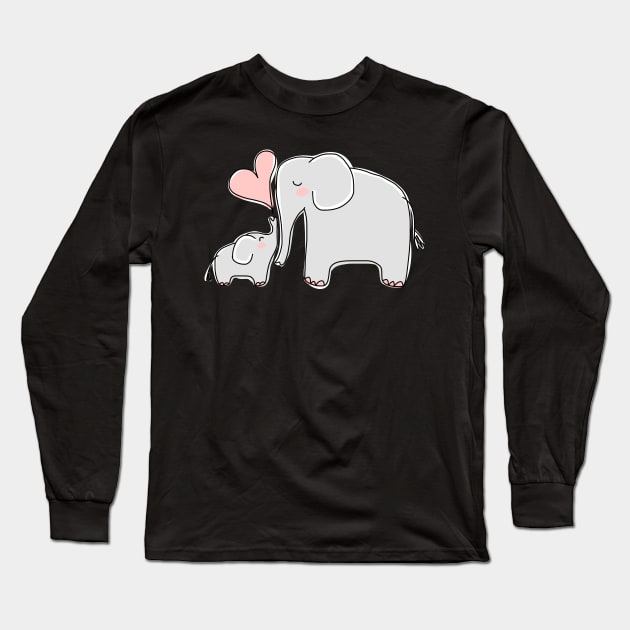 Mom and Baby Elephant with Pink Heart Long Sleeve T-Shirt by HappyCatPrints